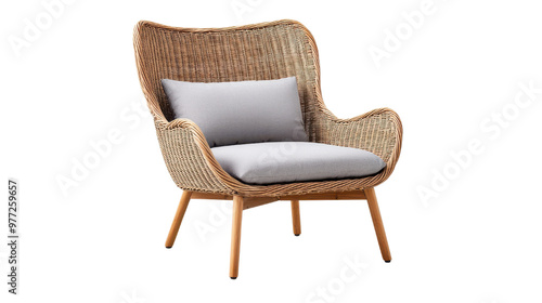 Stylish rattan chair with soft gray cushion, perfect for modern living rooms or cozy outdoor spaces, transparent background.