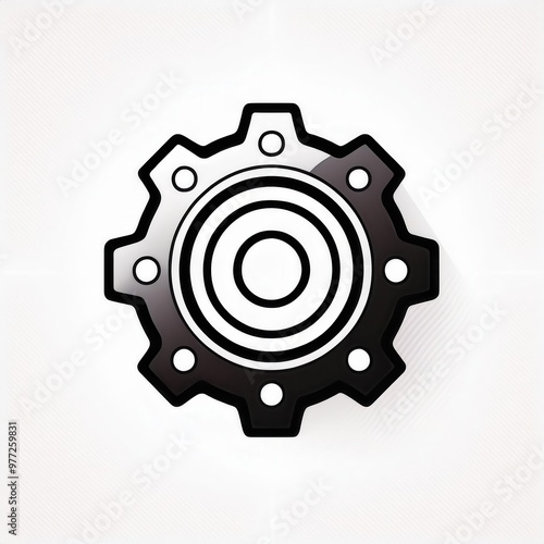 Monochrome Gear Mechanism Icon with Shadow Effect: Minimalist Black and White Technical Symbol Representing Industrial Precision, Engineering, or Mechanical Systems on a Clean White Background