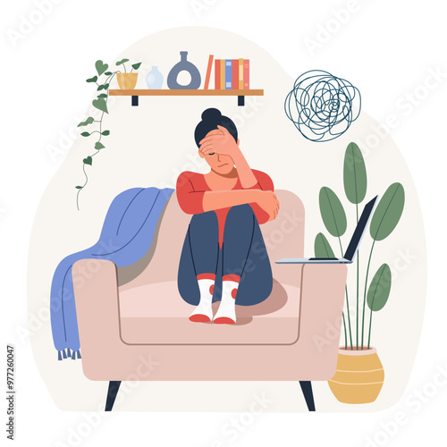 Sad, unhappy woman on chair covered her face with her hand. Professional burnout syndrome. Vector flat style cartoon illustration