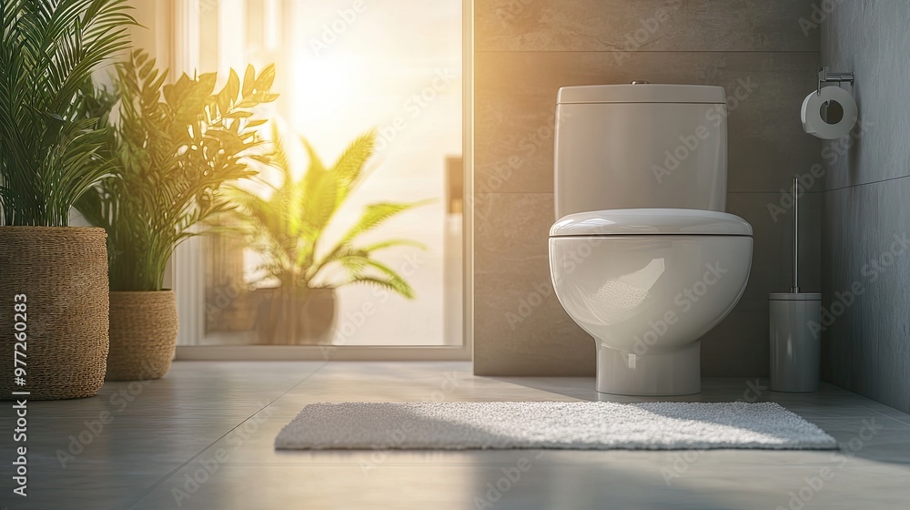 Close-up of a spotless white toilet bowl in a clean bathroom setting, showcasing modern hygiene and the simplicity Close-up of a spotless white toilet bowl in a clean bathroom setting, showcasing modern hygiene and the simplicity