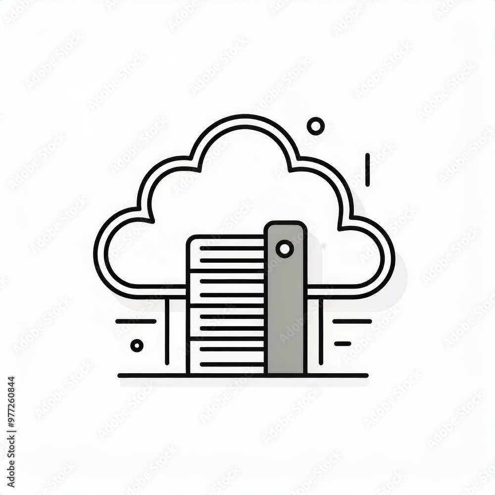 Minimalist Cloud Computing Icon with Server Rack Depiction. Simplified Digital Storage and Data Management Concept in Monochrome Line Art Style. Vector Logo Icon on White Background Minimalist Cloud Computing Icon with Server Rack Depiction. Simplified Digital Storage and Data Management Concept in Monochrome Line Art Style. Vector Logo Icon on White Background