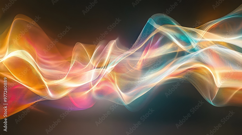 Cascading waves of light flowing in a rhythmic, abstract motion across a smooth surface. Cascading waves of light flowing in a rhythmic, abstract motion across a smooth surface.