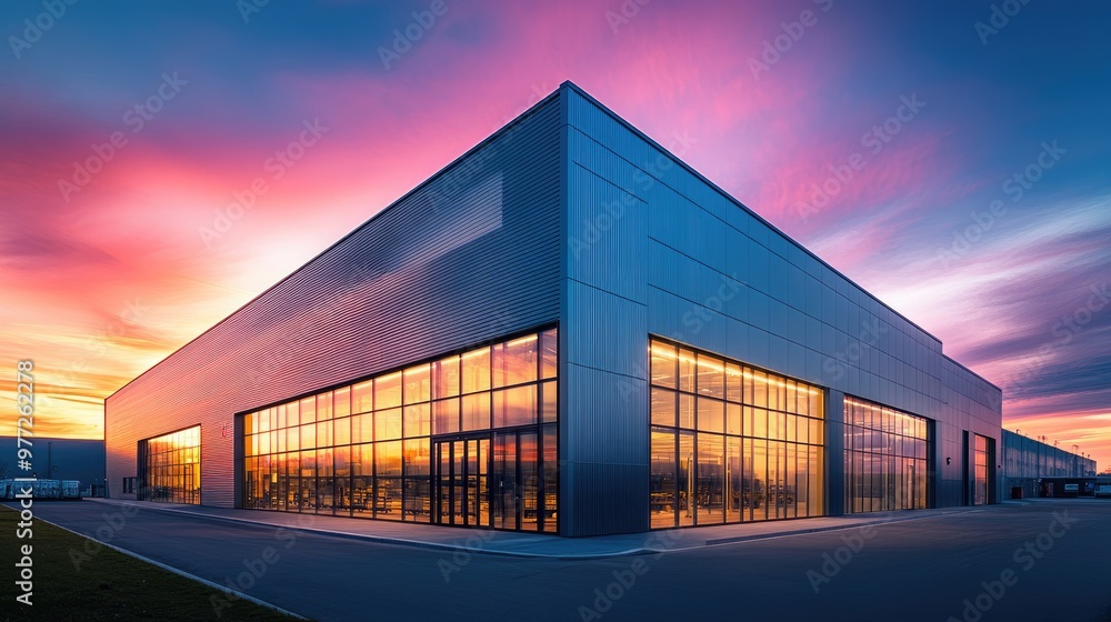 Industrial building with sleek metal cladding and large glass windows, glowing in the vibrant colors of a sunset Industrial building with sleek metal cladding and large glass windows, glowing in the vibrant colors of a sunset