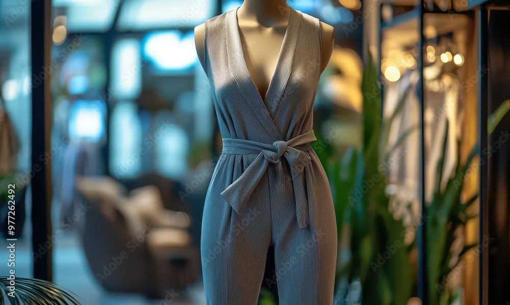 Elegant fashion display featuring a stylish jumpsuit in a trendy boutique setting with modern decor. Elegant fashion display featuring a stylish jumpsuit in a trendy boutique setting with modern decor.
