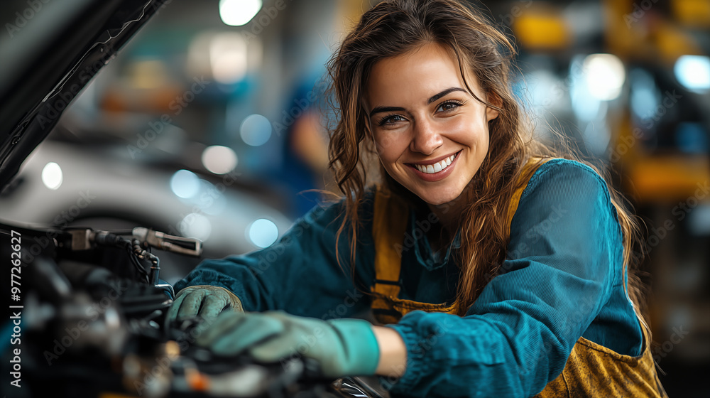 Portrait of a young female mechanic working in auto repair shop. Portrait of a young female mechanic working in auto repair shop.