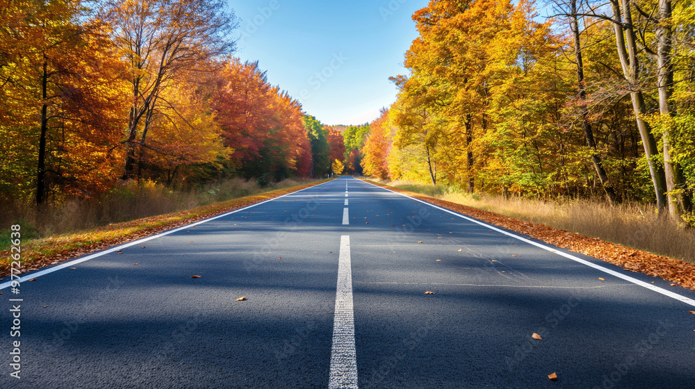 A wide, straight highway cutting through an autumn forest with colorful leaves, bright and vibrant colors, clear sky, no vehicles, high resolution A wide, straight highway cutting through an autumn forest with colorful leaves, bright and vibrant colors, clear sky, no vehicles, high resolution