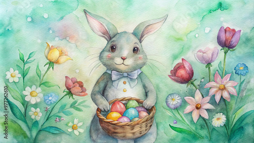 Adorable bunny holding a basket of colorful Easter eggs among flowers on watercolor background
 photo