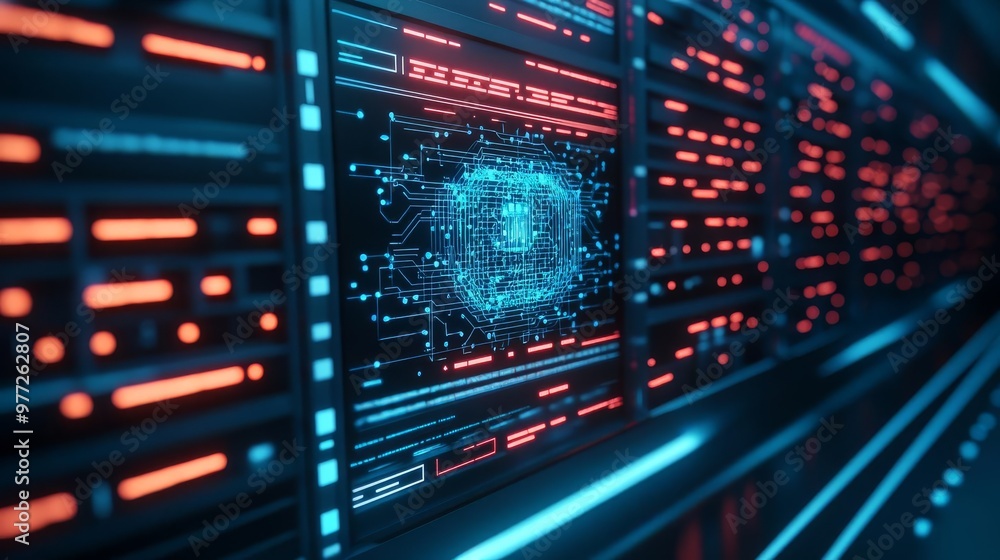 Quantum AI research facility, floating data particles, holographic interfaces Quantum AI research facility, floating data particles, holographic interfaces