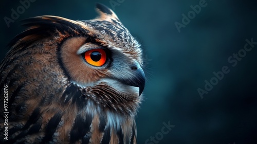 Majestic eurasian eagle owl staring with intense orange eyes