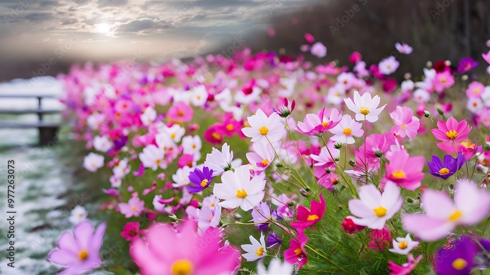 Obraz premium Soft And select Focus,A colorful field of Cosmos Flower is planted for visitors to visit the Cosmos Flower in the winter and the Cosmos Field. Flower is also the meeting of couples on Valentine's Day.