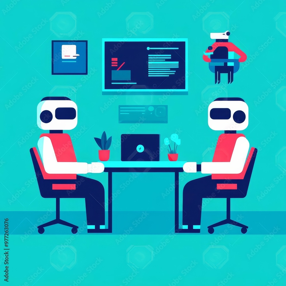 Virtual AI assistants, floating digital avatars, futuristic co-working space Virtual AI assistants, floating digital avatars, futuristic co-working space