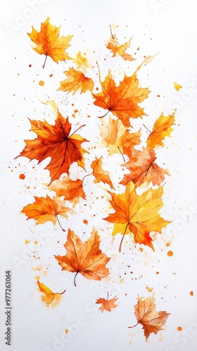 Watercolor Maple Leaves in Autumn Breeze on White Background