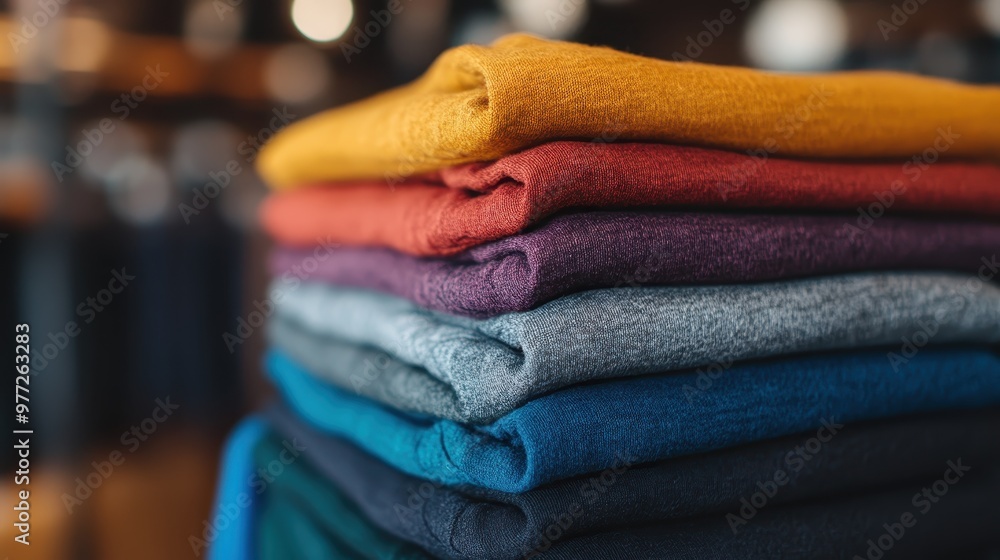 This image shows a stack of brightly colored, neatly folded clothes in an indoor store setting, illustrating a tidy and organized retail environment.