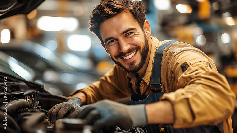smiling auto mechanic looking at camera while fixing car in auto repair shop smiling auto mechanic looking at camera while fixing car in auto repair shop