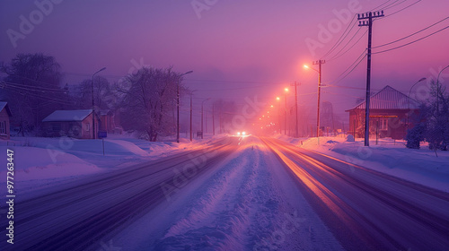 A snowy highway at dusk, passing through a small town with a sky tinted in purple and pink, streetlights illuminating snow-covered sidewalks and rooftops