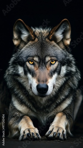 Intense grey wolf laying down on black background