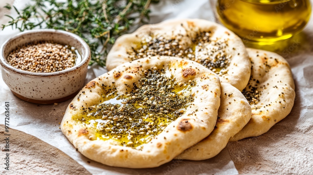 Zaatar Pita Bread with Olive Oil and Sesame Seeds Zaatar Pita Bread with Olive Oil and Sesame Seeds