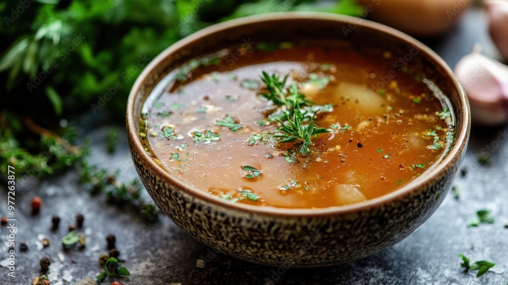 A hand holding a bowl of homemade bone broth, garnished with fresh herbs A hand holding a bowl of homemade bone broth, garnished with fresh herbs
