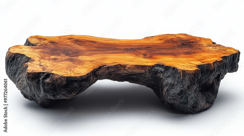 A handcrafted wooden coffee table with a live edge design, isolated on a white background A handcrafted wooden coffee table with a live edge design, isolated on a white background