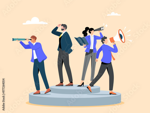 A group of businessmen are searching using binoculars and a loudspeaker