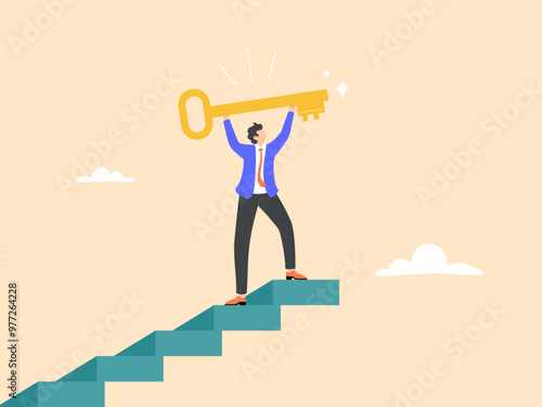 Businessman winner walks up to the top of stairway lifting golden success key to the sky