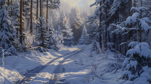 A snow-covered road winding through a snowy pine forest on a cold winter day, with soft light and high realism, no signs of life