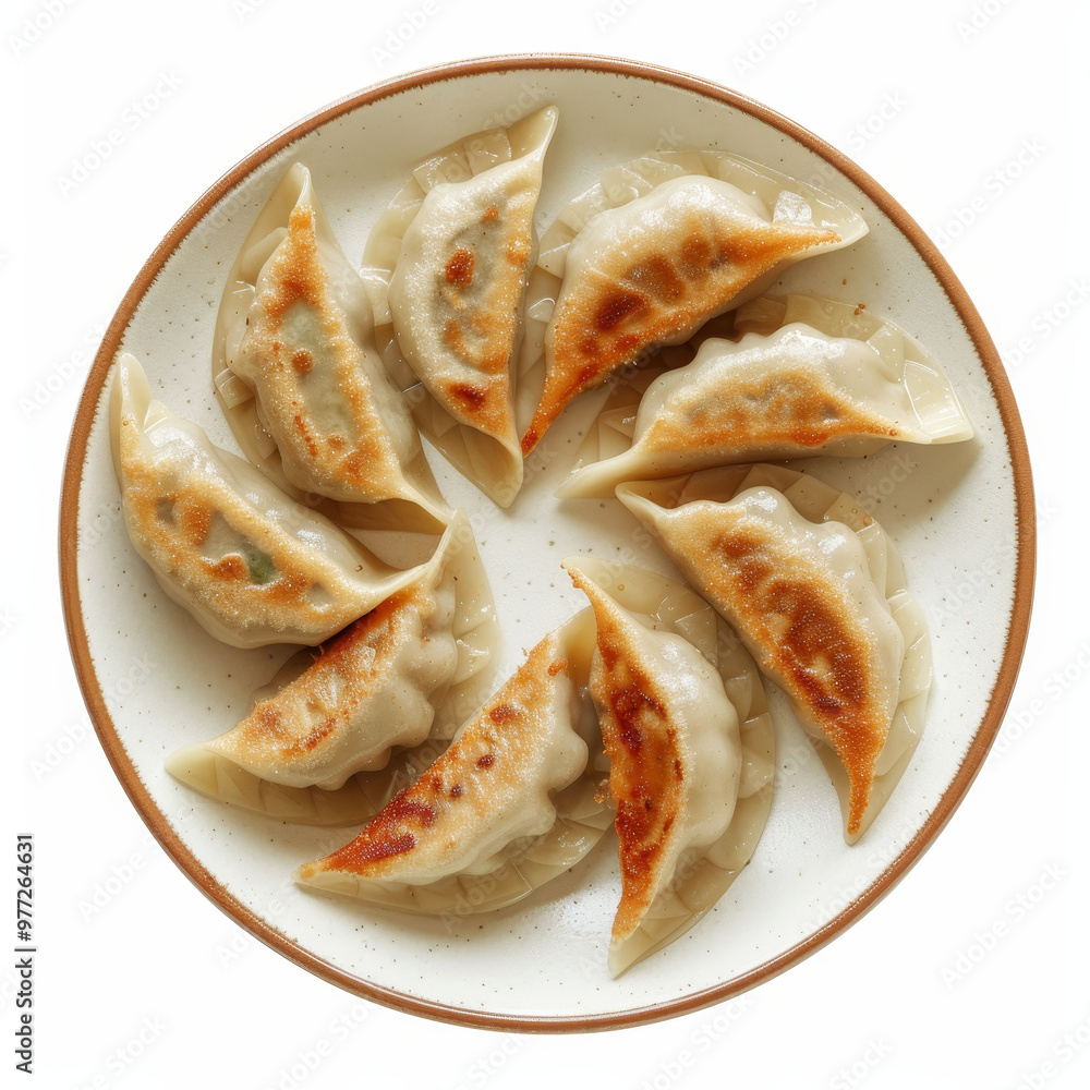 Delicious gyoza dumplings on a plate, top view with copy space Delicious gyoza dumplings on a plate, top view with copy space