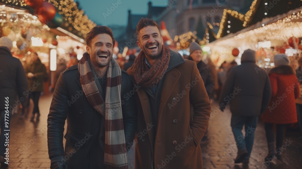 British men walking on city street at Christmas market, smiling and posing for photo. Fictional Characters Created By Generative AI. British men walking on city street at Christmas market, smiling and posing for photo. Fictional Characters Created By Generative AI.