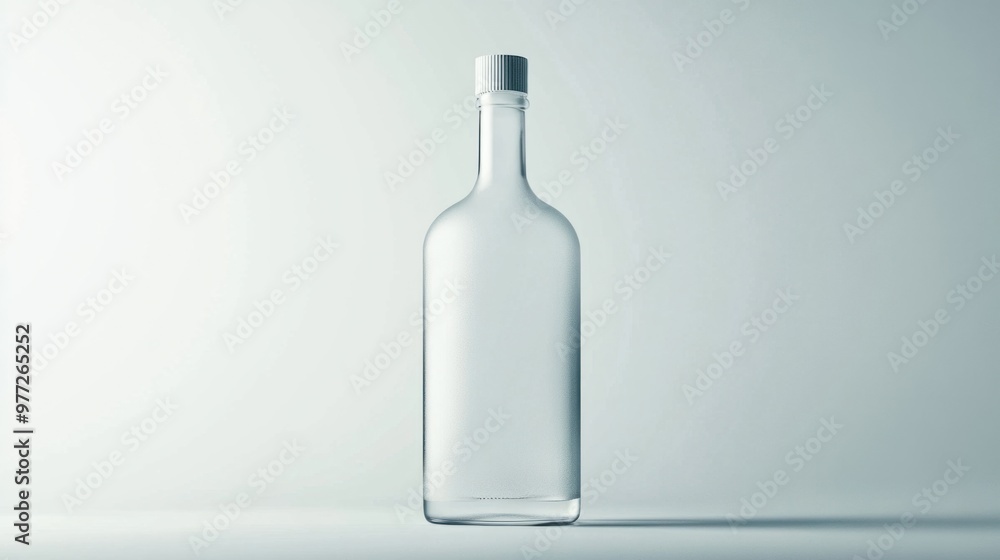 A vodka bottle with a frosted glass finish and clean, elegant label, isolated on a plain white background. A vodka bottle with a frosted glass finish and clean, elegant label, isolated on a plain white background.