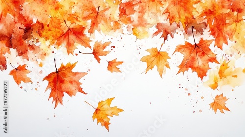Watercolor Maple Leaves in Autumn Breeze on White Background