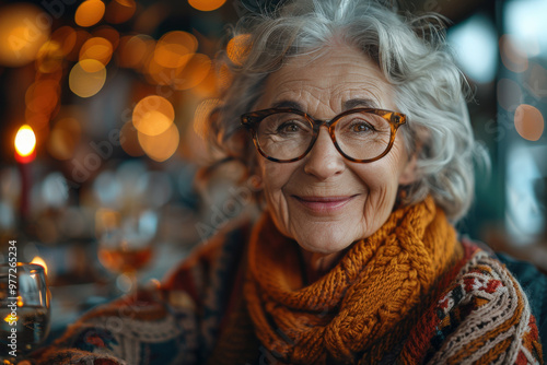 Joyful Elderly Woman at Dinner Party