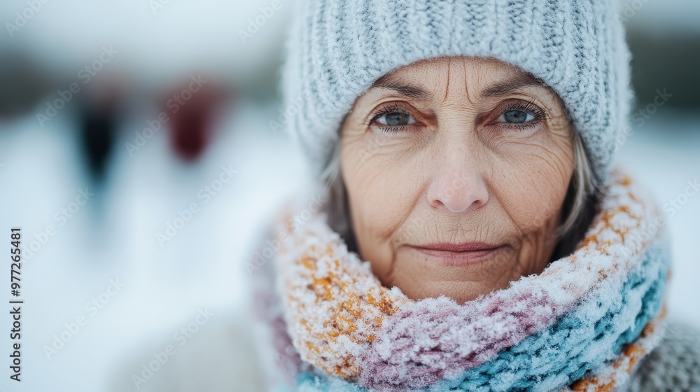 A mature woman with lively blue eyes, wearing a snow-dusted winter hat and scarf, capturing the essence of winter beauty, strength, and context of cold endurance. A mature woman with lively blue eyes, wearing a snow-dusted winter hat and scarf, capturing the essence of winter beauty, strength, and context of cold endurance.