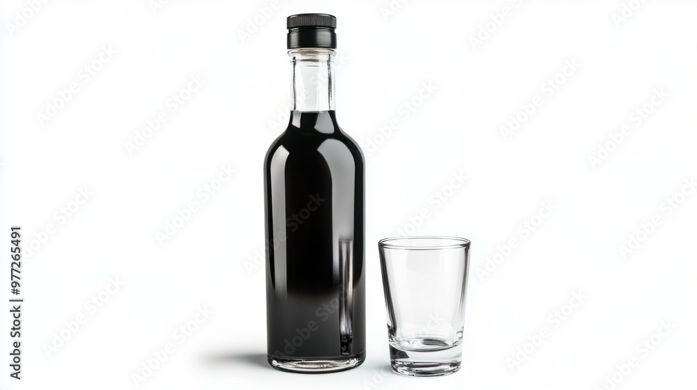 A vodka bottle with a minimalist black label and a shot glass beside it, isolated on white. A vodka bottle with a minimalist black label and a shot glass beside it, isolated on white.