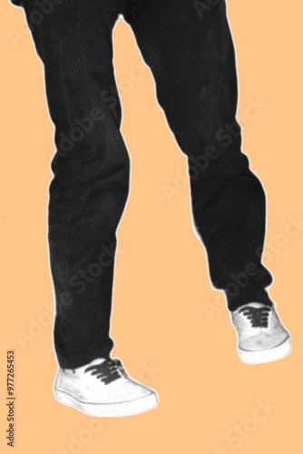 Close up of foot walking wearing jeans and canvas shoes pixelate color halftone dotted texture style collage element isolated on orange background