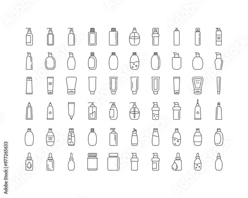 Collection vector icons of beauty, cosmetics and care. Bottle, jar, shower gel, face cream, body lotion, spray, ointment, paste.