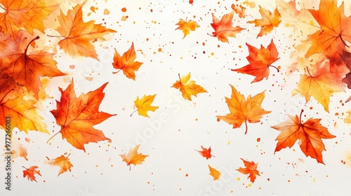 Watercolor Maple Leaves in Autumn Breeze on White Background