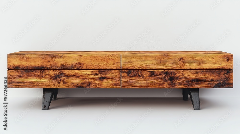 A minimalist wooden TV console with a natural finish and metal legs on a clean white background A minimalist wooden TV console with a natural finish and metal legs on a clean white background