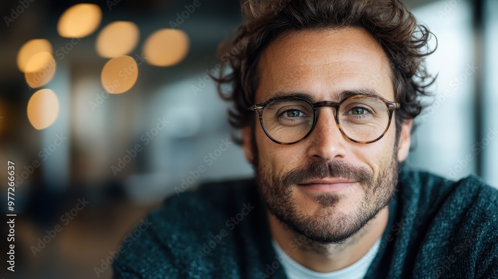 A friendly man with curly hair and glasses presents a warm smile, seated against a softly lit background, embodying a sense of modern urban style indoors. A friendly man with curly hair and glasses presents a warm smile, seated against a softly lit background, embodying a sense of modern urban style indoors.
