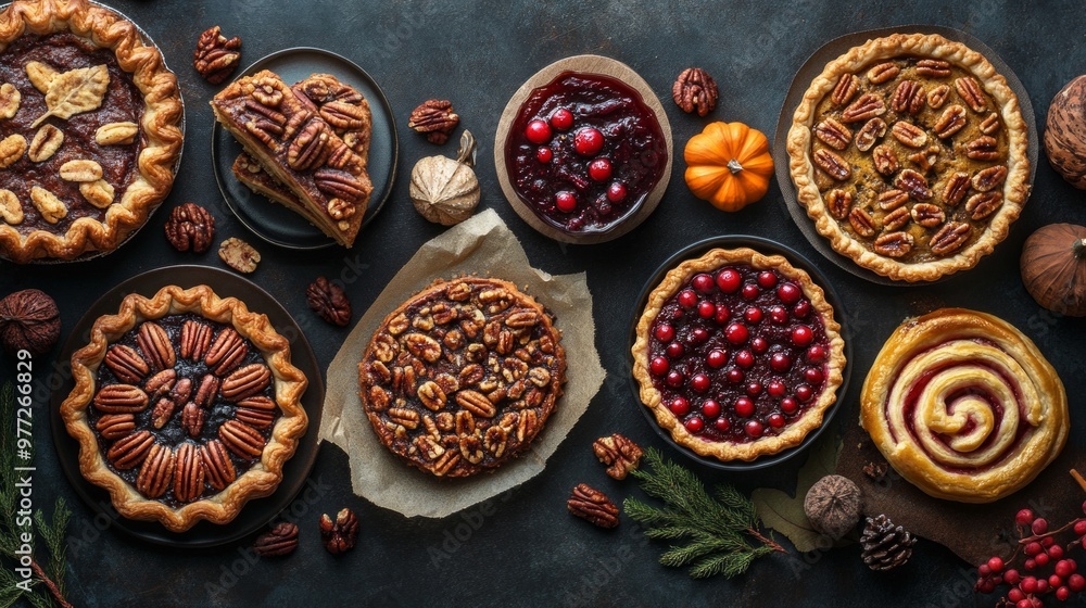 Richly detailed Thanksgiving dessert platter featuring cranberry tart, pecan pie, and pumpkin rolls against a moody backdrop Richly detailed Thanksgiving dessert platter featuring cranberry tart, pecan pie, and pumpkin rolls against a moody backdrop