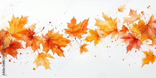 Watercolor Maple Leaves in Autumn Breeze on White Background
