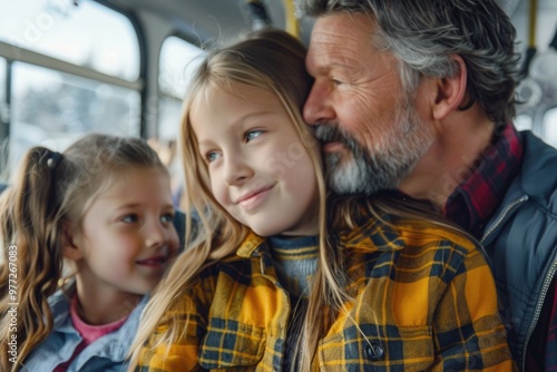 A father and daughter riding together on a bus, showing a moment of togetherness