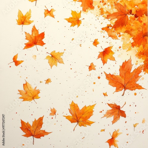 Watercolor Maple Leaves in Autumn Breeze on White Background