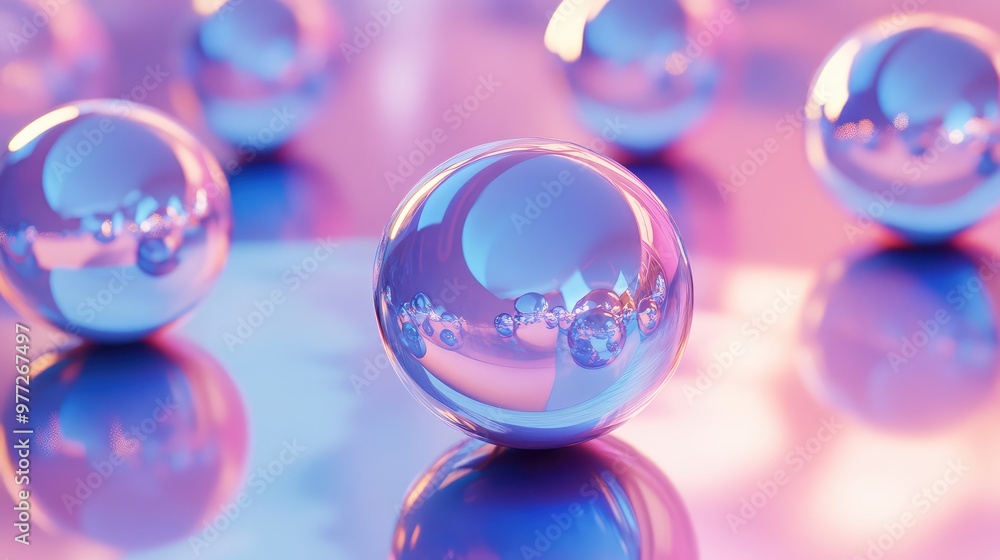 Floating, iridescent spheres casting complex reflections and shadows in a soft, glowing space.