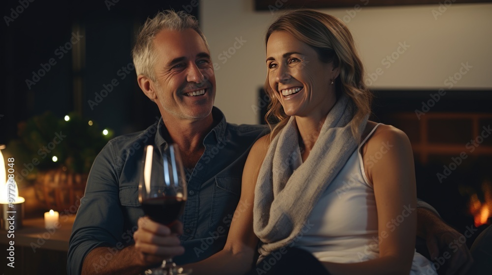 Australian couple having wine at home photo. Fictional Characters Created By Generative AI. Australian couple having wine at home photo. Fictional Characters Created By Generative AI.