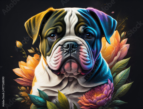 Bulldogge umgeben von Blüten photo