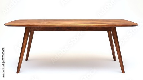 A Scandinavian style wooden dining table with sleek legs on a white background