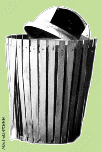 Close up of trashbin color halftone dotted texture style collage element isolated on green background