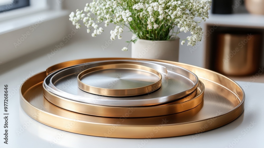 A set of gold and silver decorative trays stacked on a white surface A set of gold and silver decorative trays stacked on a white surface
