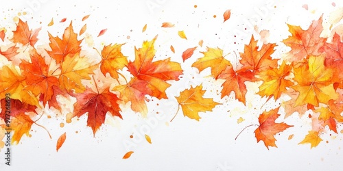 Watercolor Maple Leaves in Autumn Breeze on White Background