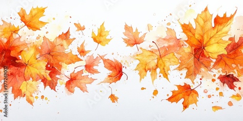 Watercolor Maple Leaves in Autumn Breeze on White Background